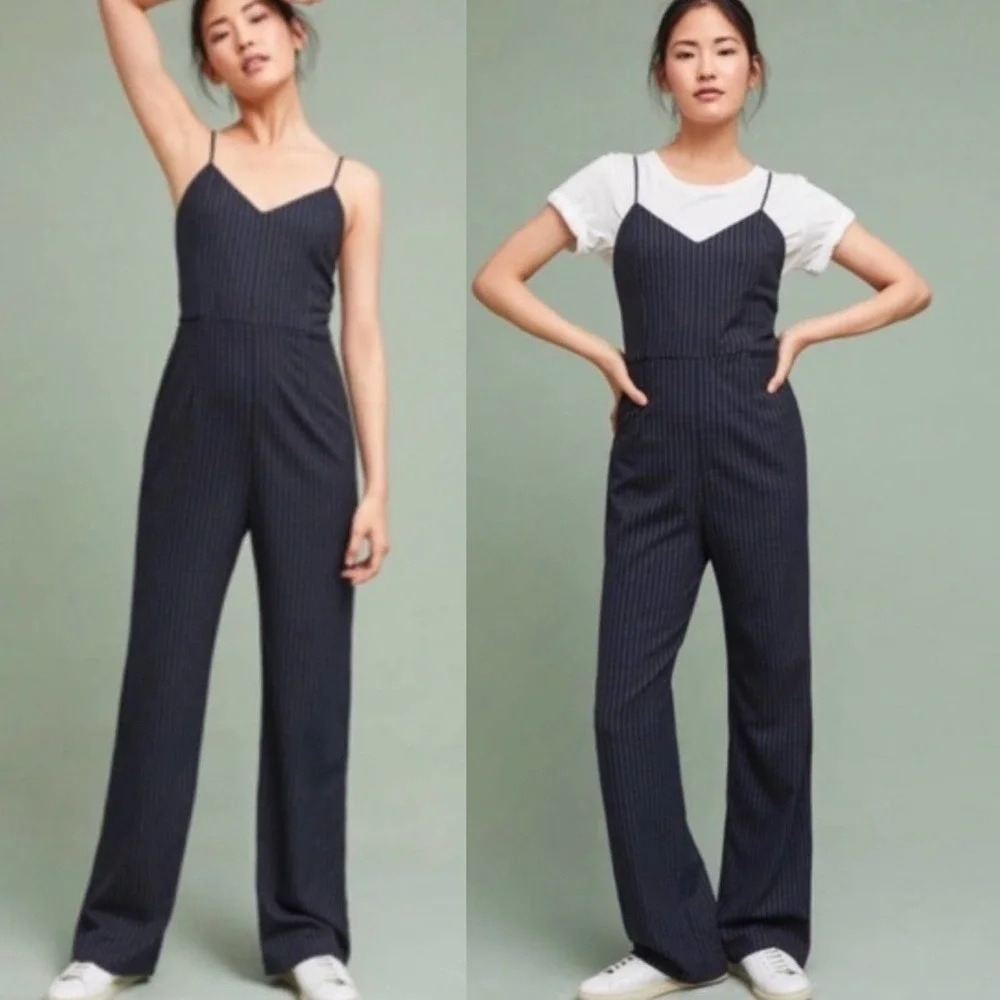 Anthropologie The Essential Jumpsuit Pinstripe Sleeveless Navy Blue Size Us 0